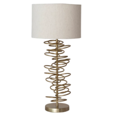 Metal Wire Circles Table Lamp w Linen & Cotton Shade, Gold Finish