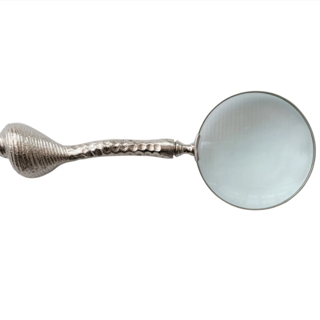 Aluminum Magnifying Glass w Shell Shaped Handle, Nickel Finish