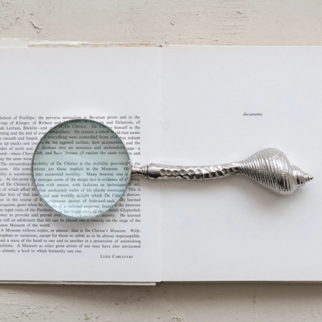 Aluminum Magnifying Glass w Shell Shaped Handle, Nickel Finish