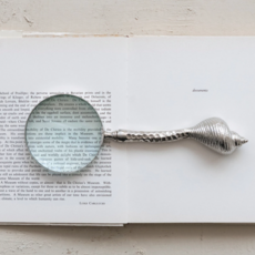 Aluminum Magnifying Glass w Shell Shaped Handle, Nickel Finish