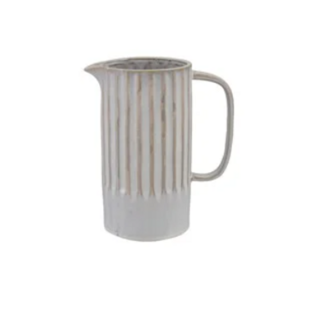 Quart Stoneware Ribbed Pitcher Reactive Glaze, White