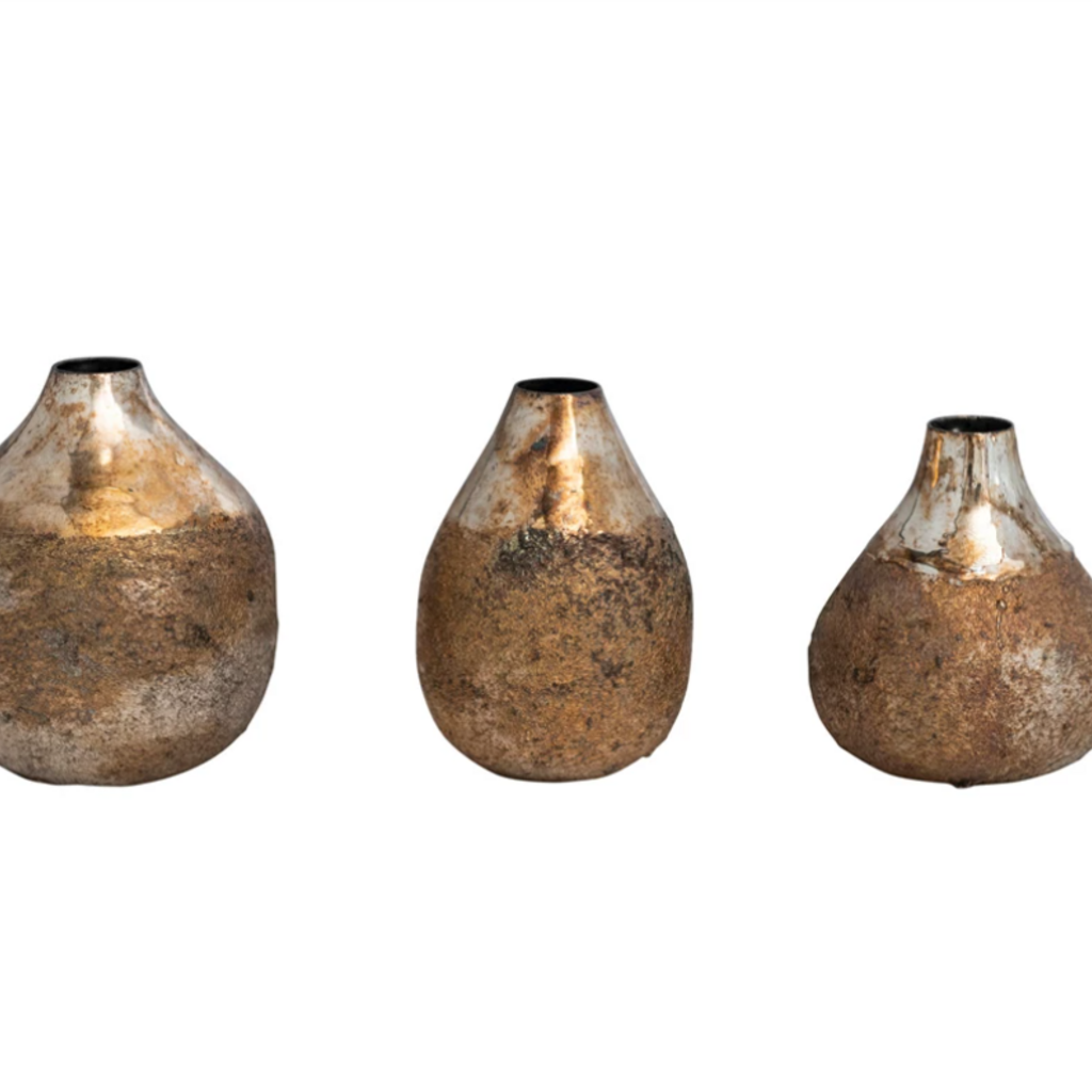 S/3 3-1/2" Rnd x 4"H Metal Vases, Antique Gold Finish