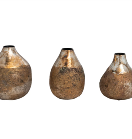 S/3 3-1/2" Rnd x 4"H Metal Vases, Antique Gold Finish