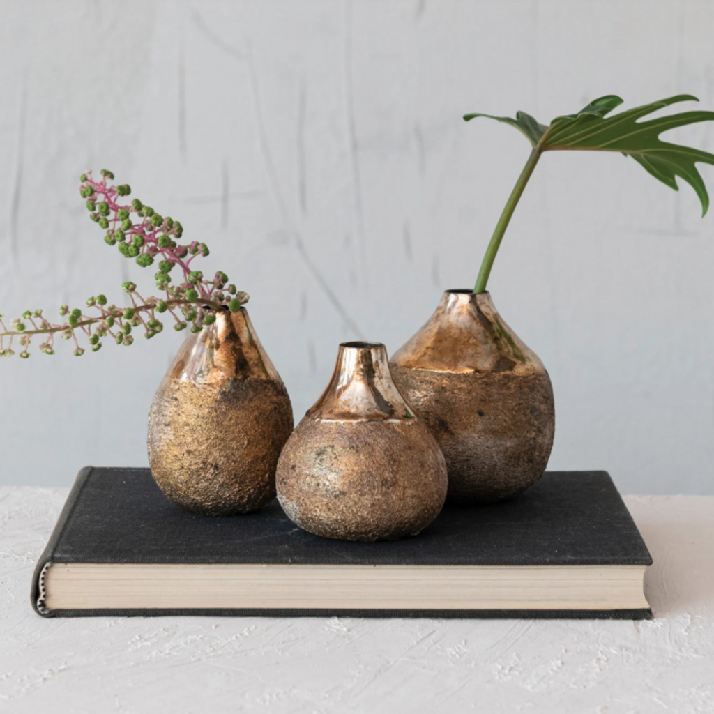 S/3 3-1/2" Rnd x 4"H Metal Vases, Antique Gold Finish