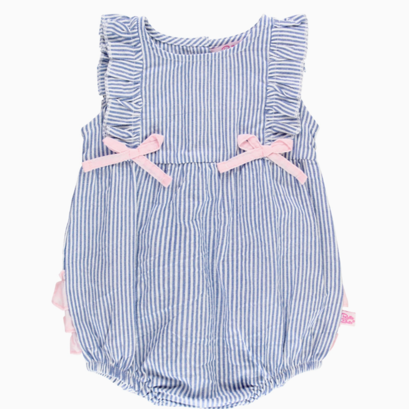 RuffleButts + RuggedButts Baby Girls Blue Seersucker Classic Ruffle Bubble Romper