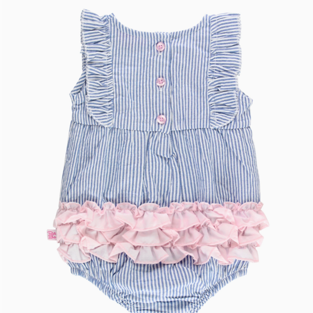 RuffleButts + RuggedButts Baby Girls Blue Seersucker Classic Ruffle Bubble Romper
