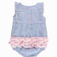 RuffleButts + RuggedButts Baby Girls Blue Seersucker Classic Ruffle Bubble Romper