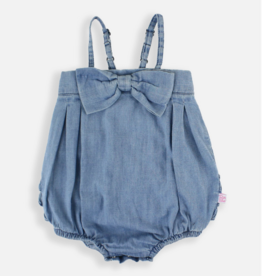 RuffleButts + RuggedButts Baby Girls Light Wash Denim Bow Front Bubble Woven Romper