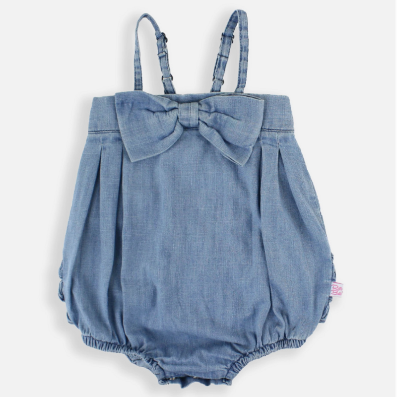 RuffleButts + RuggedButts Baby Girls Light Wash Denim Bow Front Bubble Woven Romper