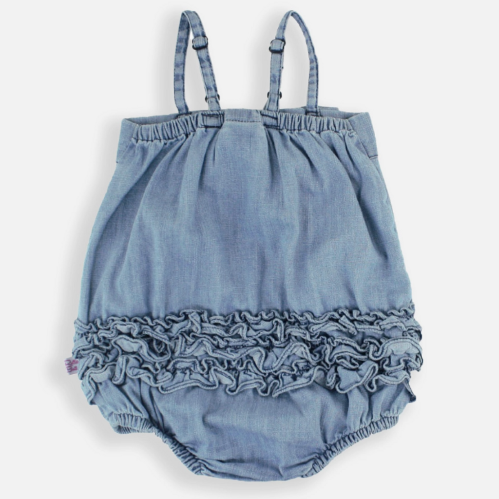 RuffleButts + RuggedButts Baby Girls Light Wash Denim Bow Front Bubble Woven Romper