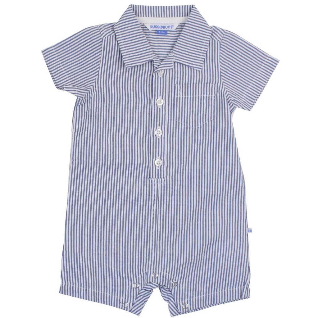RuffleButts + RuggedButts Baby Boys Blue Seersucker Button-Up Romper