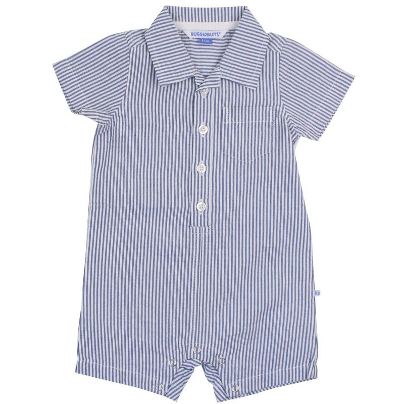 RuffleButts + RuggedButts Baby Boys Blue Seersucker Button-Up Romper