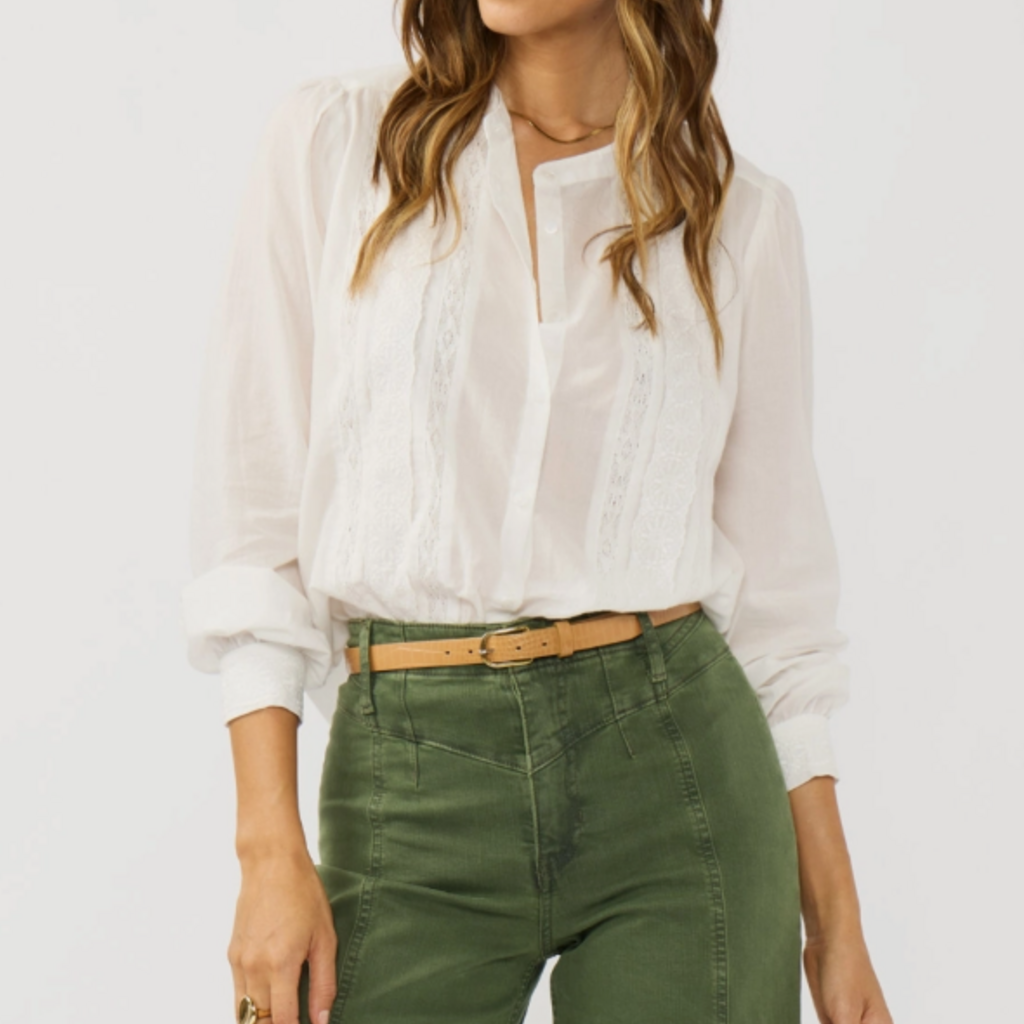 L/S BUTTON DOWN TOP W/ LACE TRIMS AND EMBO