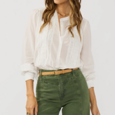 L/S BUTTON DOWN TOP W/ LACE TRIMS AND EMBO