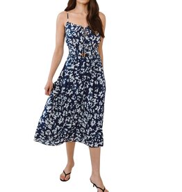 Elastic Waist Midi Dress- INDIGO Bloom Print