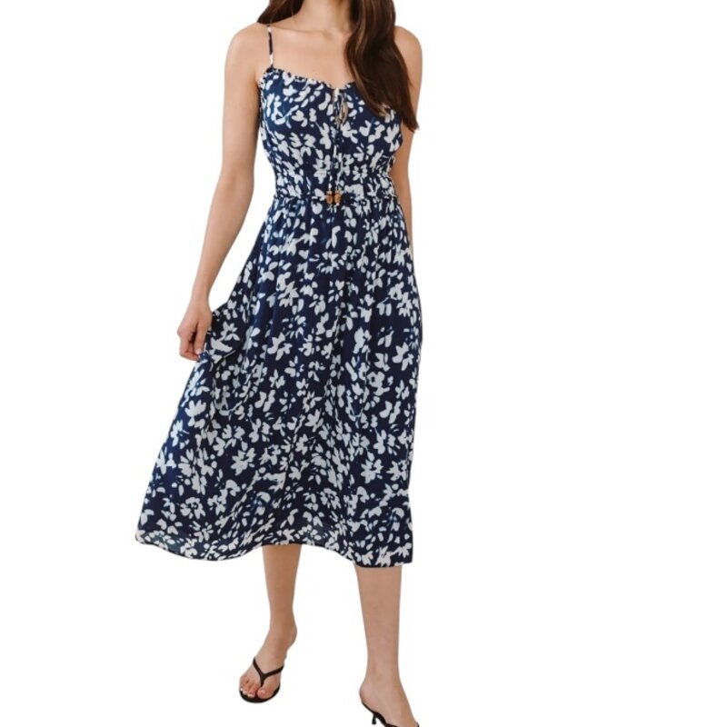 Elastic Waist Midi Dress- INDIGO Bloom Print
