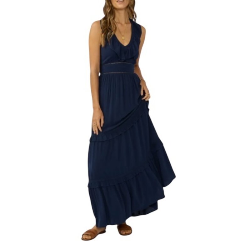 MAXI DRESS W/ LACE TRIM RUFFLE DETAILS I
