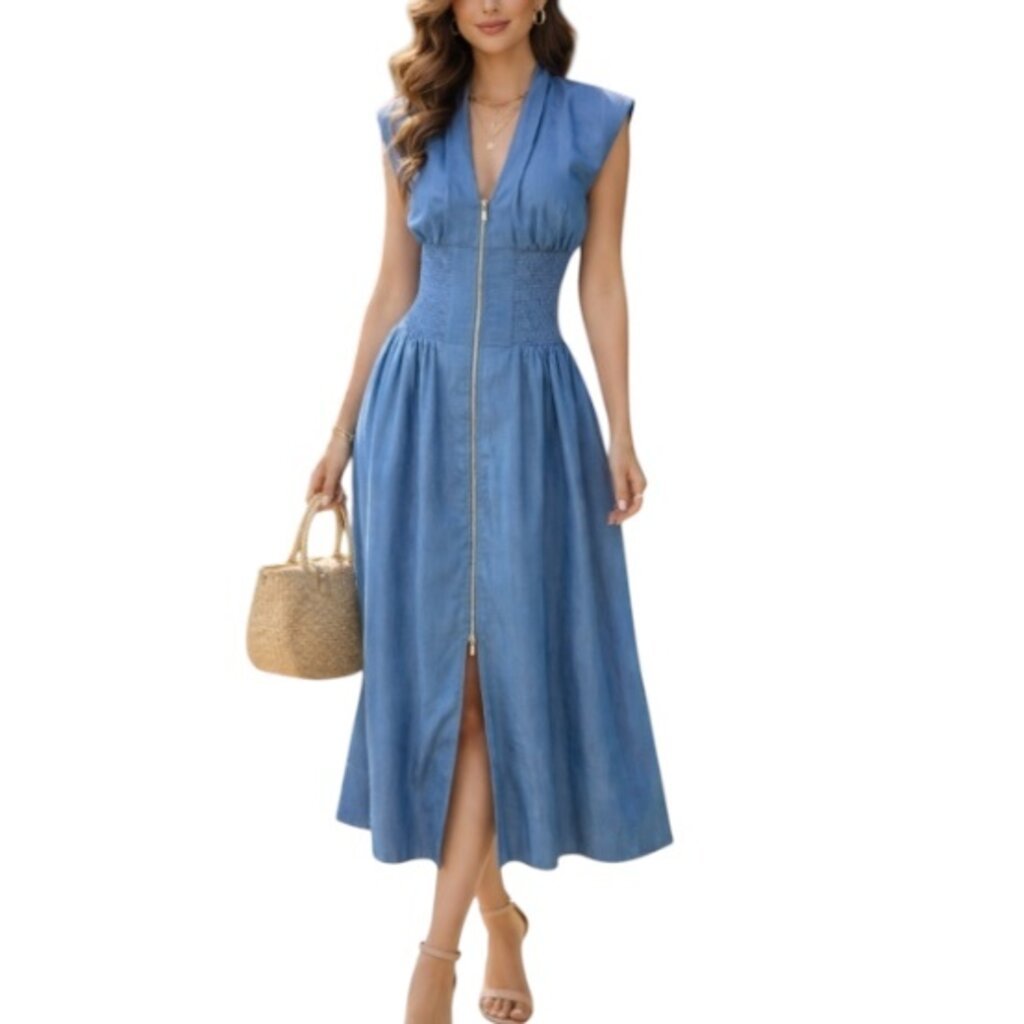 Reset by Jane V NECK ZIP UP DRESS TENCEL LINING