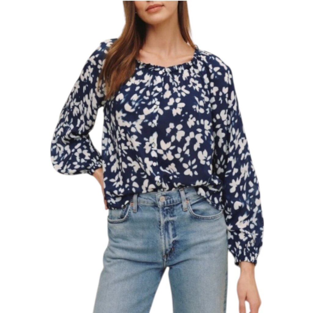 RUFFLE NECK RAGLAN BUTTON DOWN INDIGO BLOOM