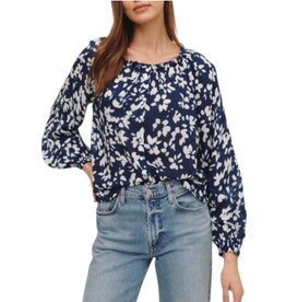 RUFFLE NECK RAGLAN BUTTON DOWN INDIGO BLOOM
