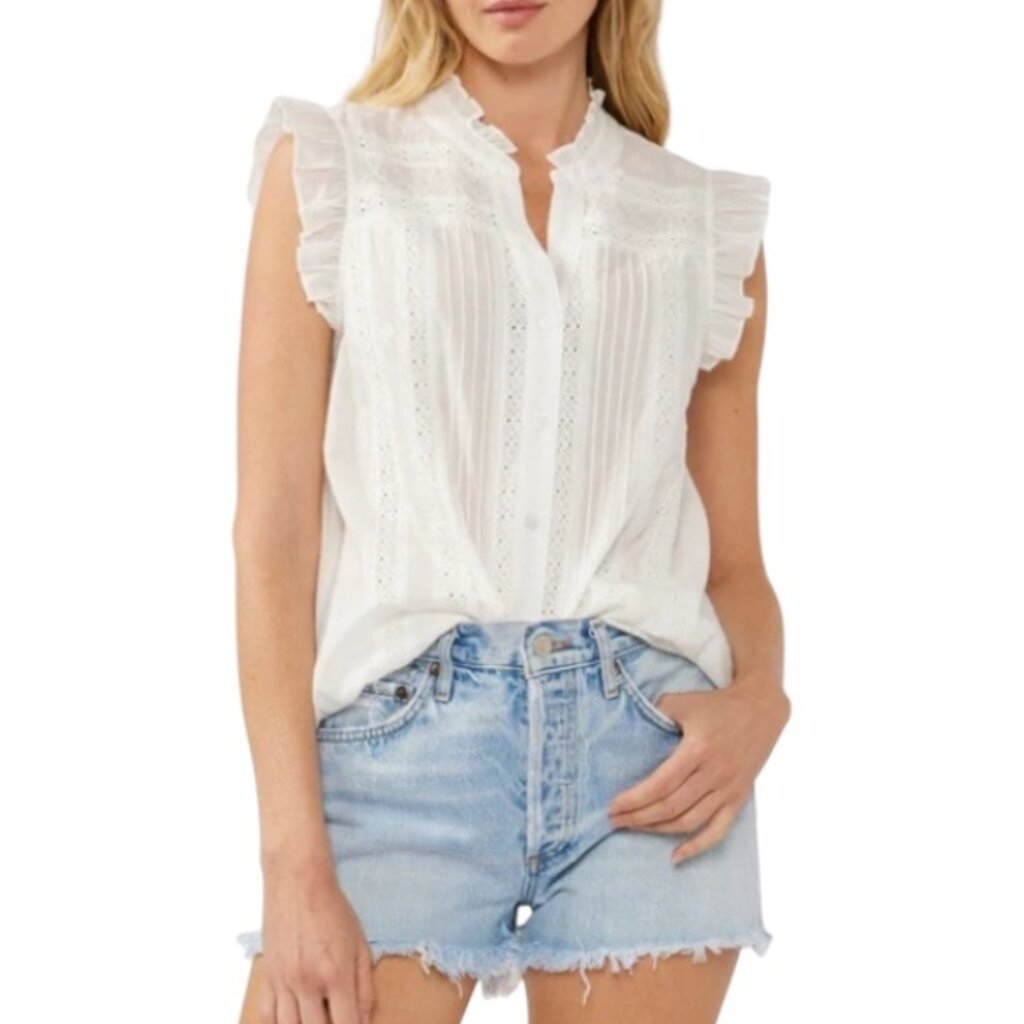 RUFFLE SLEEVE V-SPLIT NECK EMB TOP W/ PINTUCKS