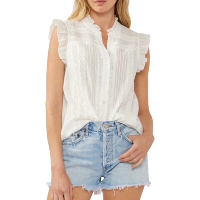 RUFFLE SLEEVE V-SPLIT NECK EMB TOP W/ PINTUCKS