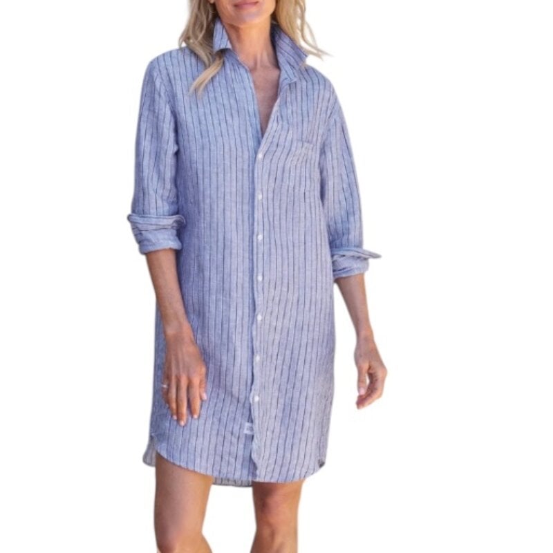 Frank & Eileen MARY BTNS Classic Shirtdress Blue Navy Stripe