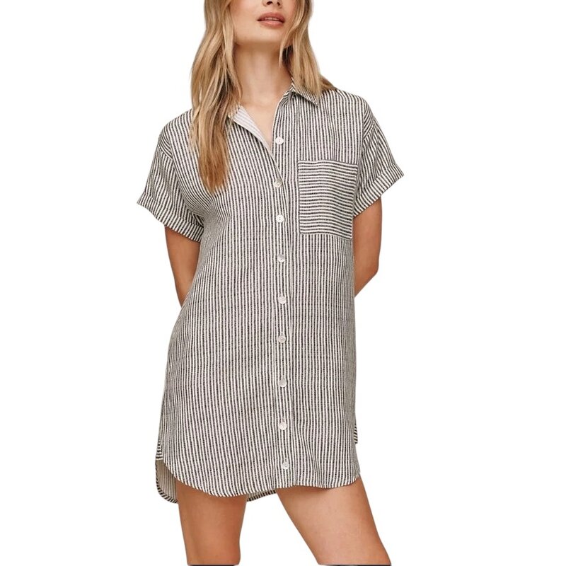 ROLL SLEEVE POCKET SHIRT DRESS-HATCH STRIPE