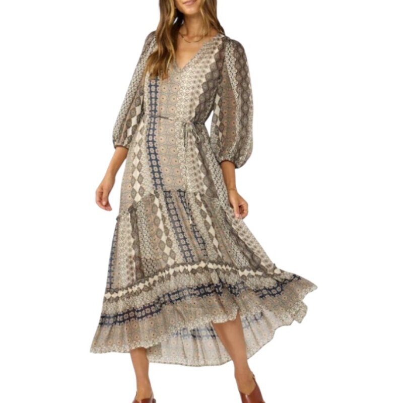 3/4" SLV HIGH LOW TIERED MAXI DRESS W/ SPAGHETTI SELF BELT