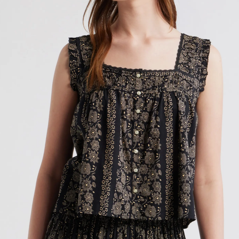 The Great THE VICTORIAN PLEAT TANK BLACK & CREAM FLORAL