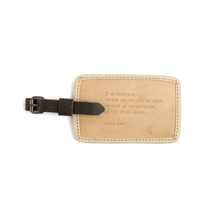 Sugarboo I Am Restless (Anais Nin) Leather Luggage Tag in Honey