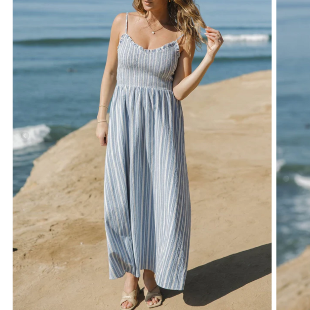 SPAGHETTI STRAP SMOCKED BODICE MIDI DRESS