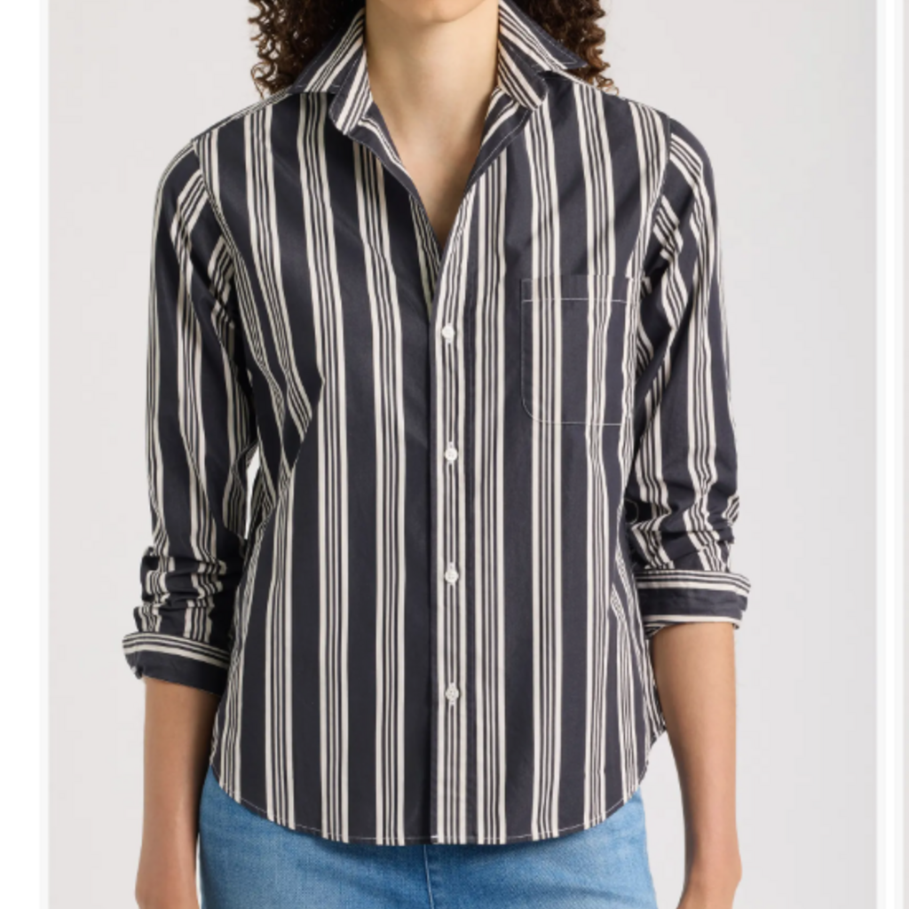 Frank & Eileen EILEEN Relaxed Button-Up Shirt Tan W/ Multi Black Stripe