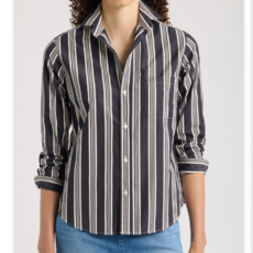 Frank & Eileen EILEEN Relaxed Button-Up Shirt Tan W/ Multi Black Stripe