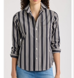 Frank & Eileen EILEEN Relaxed Button-Up Shirt Tan W/ Multi Black Stripe