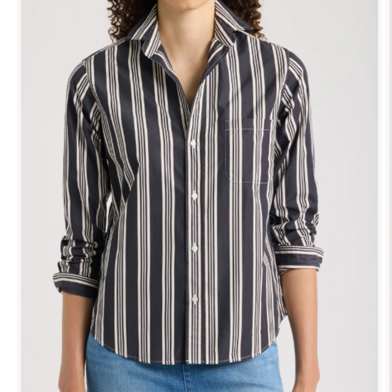 Frank & Eileen EILEEN Relaxed Button-Up Shirt Tan W/ Multi Black Stripe
