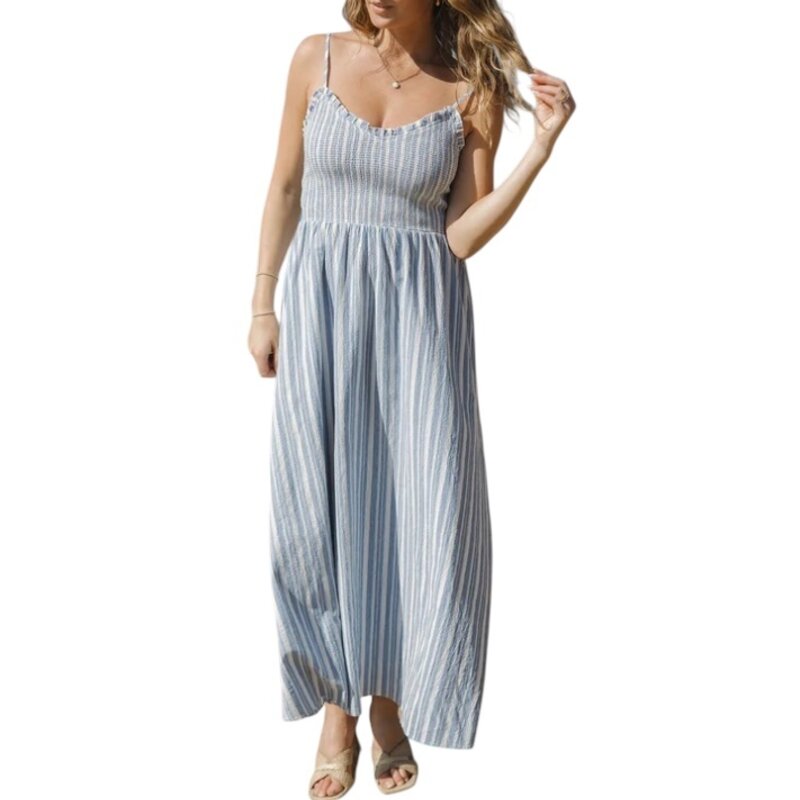 SPAGHETTI STRAP SMOCKED BODICE MIDI DRESS