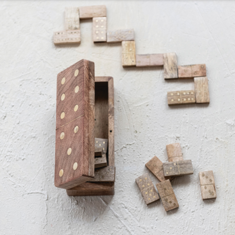 Handmade Mango Wood & Inlaid Brass Dominoes in Mango Wood Box, Natural