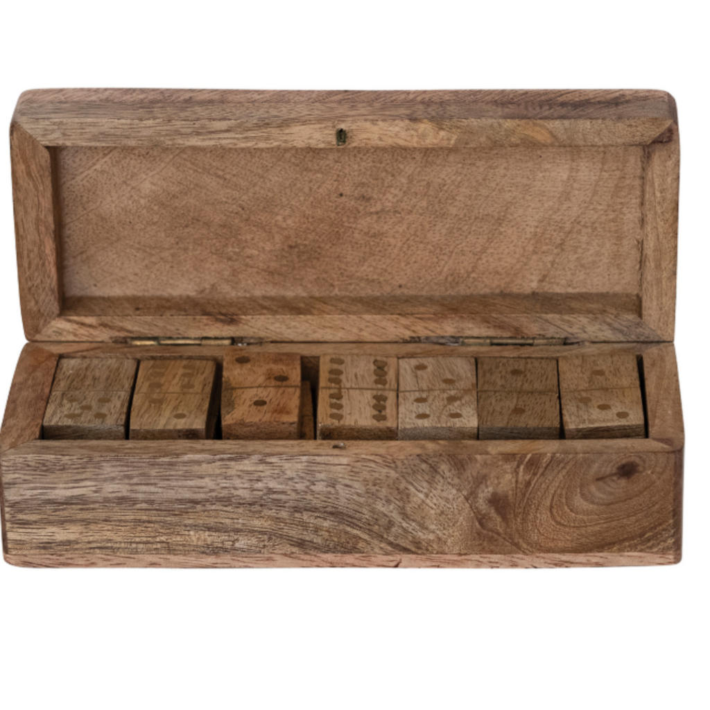 Handmade Mango Wood & Inlaid Brass Dominoes in Mango Wood Box, Natural