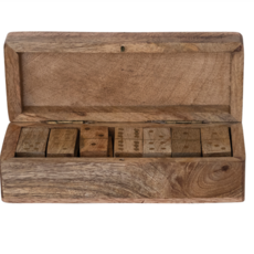 Handmade Mango Wood & Inlaid Brass Dominoes in Mango Wood Box, Natural
