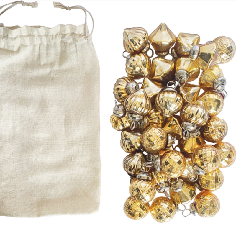 Embossed Mercury Glass Ornaments in Muslin Bag, Gold Finish, Set of 36