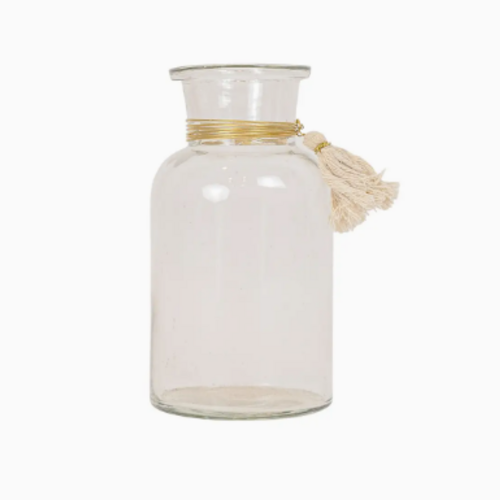 Foreside Home & Garden Faye Tassel Embellished Bud Vase Glass Metal & Cotton