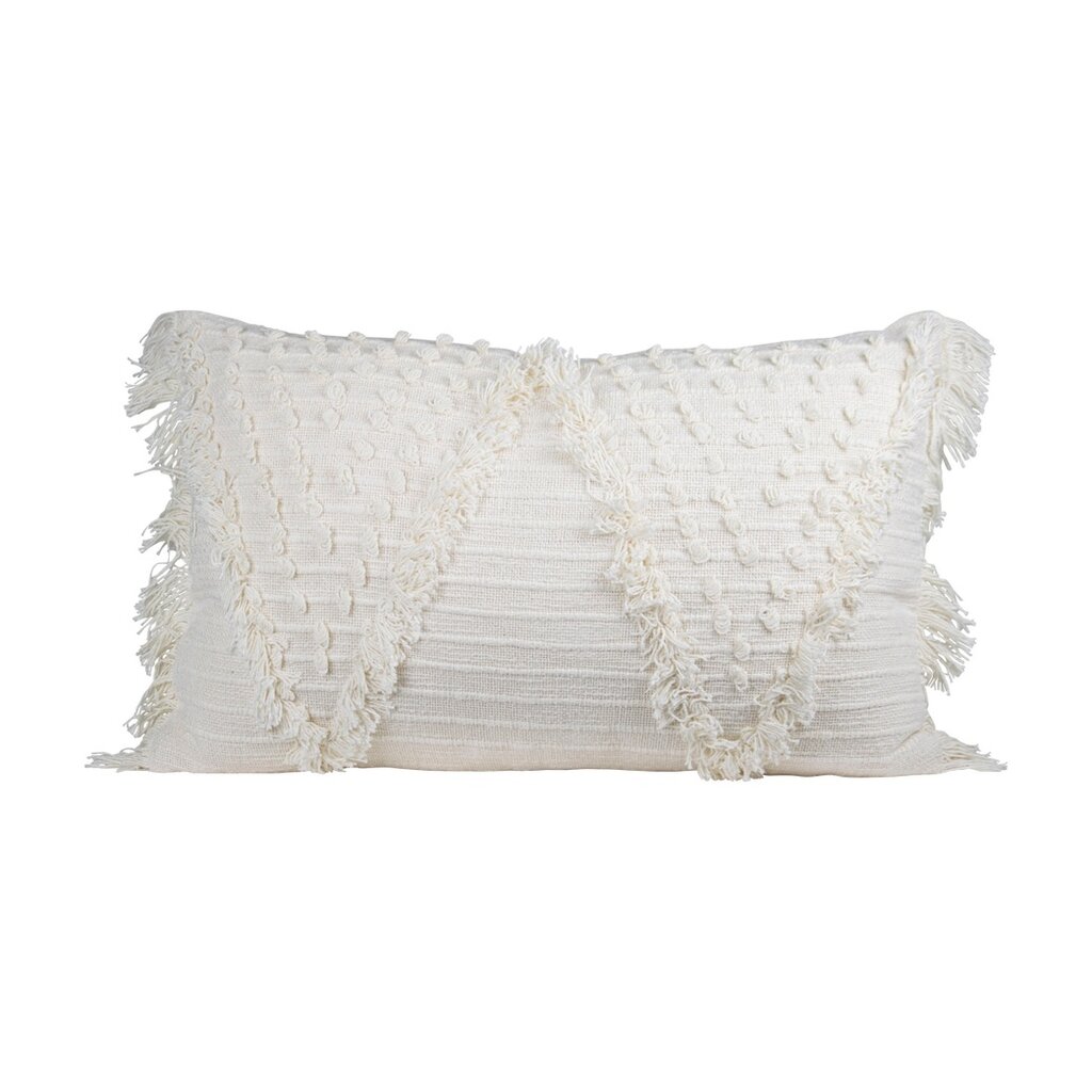 Foreside Home & Garden Prairie White Fringed 14x22 Inch Hand Woven Lumbar Pillow