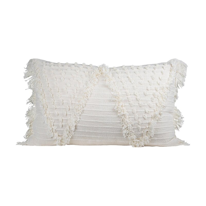 Foreside Home & Garden Prairie White Fringed 14x22 Inch Hand Woven Lumbar Pillow