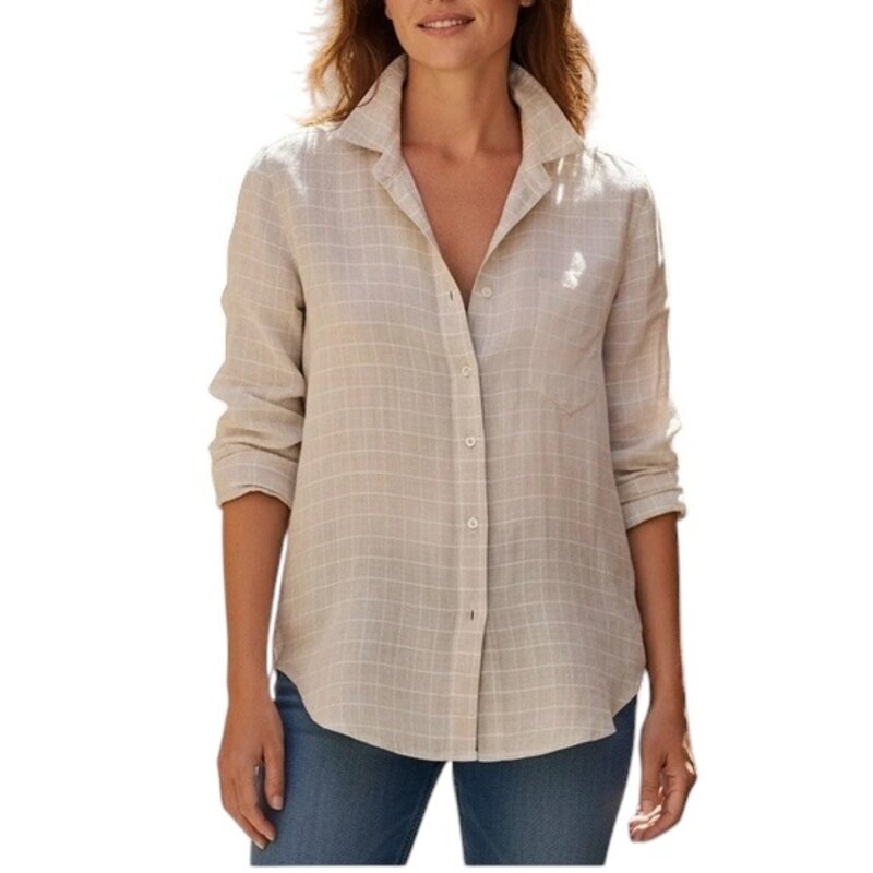 Frank & Eileen EILEEN Relaxed Button-Up Shirt Tan W/ Textured White Grid