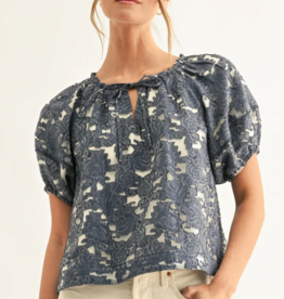 ADELYN RAE Briana Jacquard Chambray Lantern Sleeves Blouse Denim Blue Jacquard