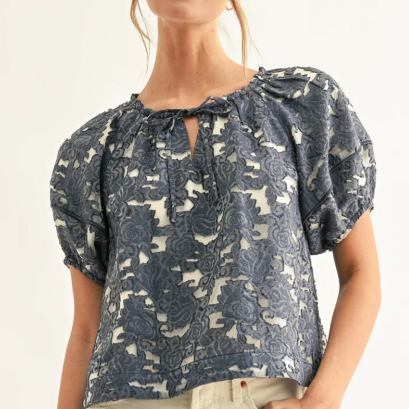 ADELYN RAE Briana Jacquard Chambray Lantern Sleeves Blouse Denim Blue Jacquard