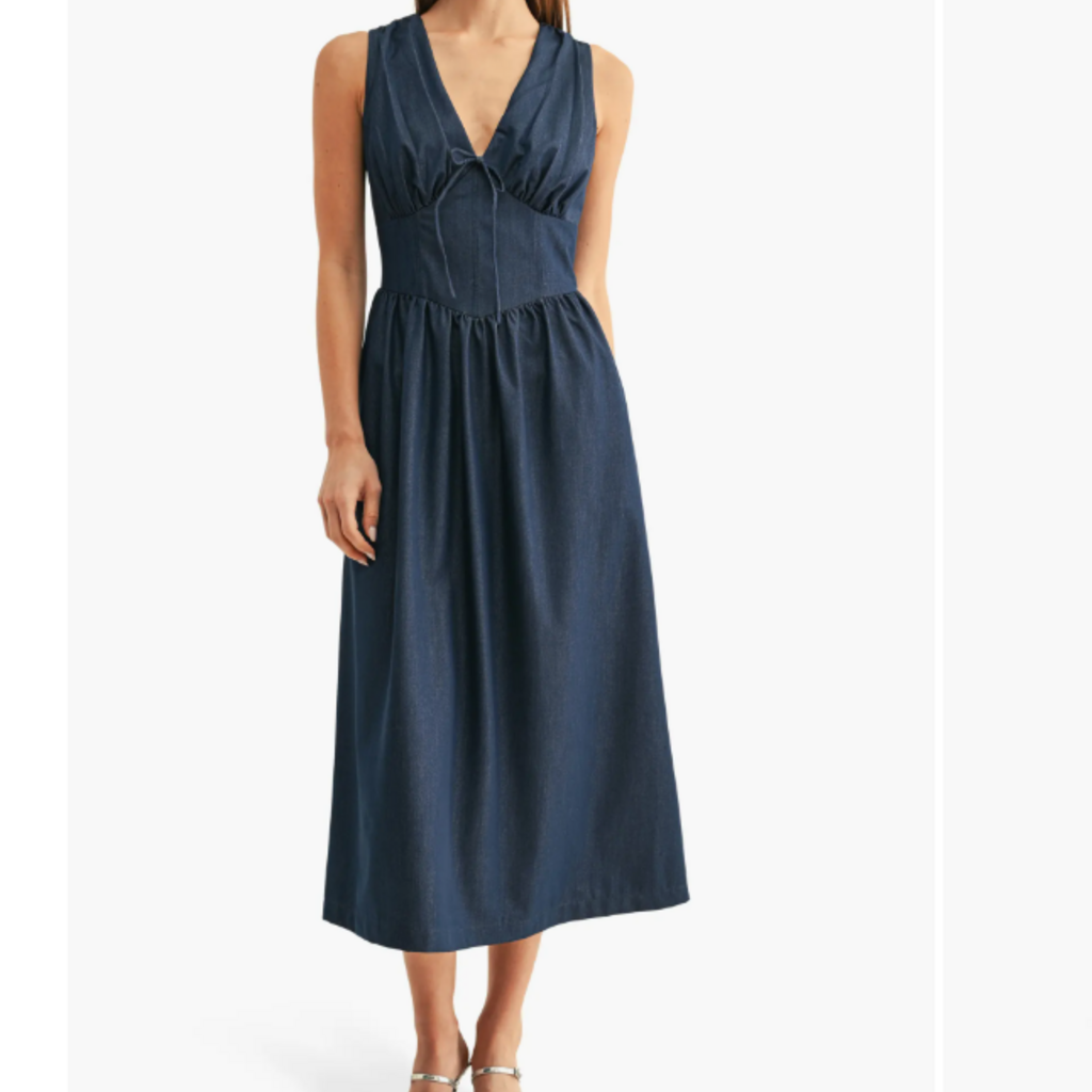 ADELYN RAE Arabelle Chambray Sleeveless Corset Midi Dress Indigo Blue