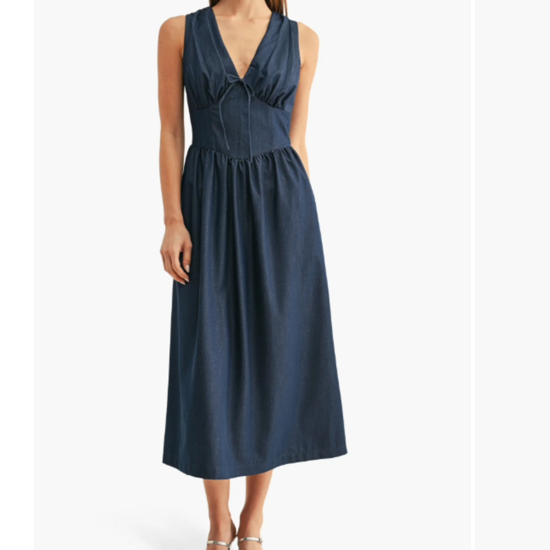ADELYN RAE Arabelle Chambray Sleeveless Corset Midi Dress Indigo Blue