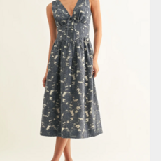 ADELYN RAE Arleta Jacquard Chambray Sleeveless Corset Midi Dress Denim Blue Jacquard